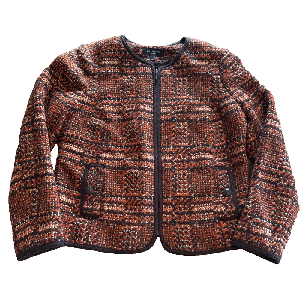 Talbots Brown & Orange Tweed Wool Blend Zip-Up Short Blazer Coat Petitie 8